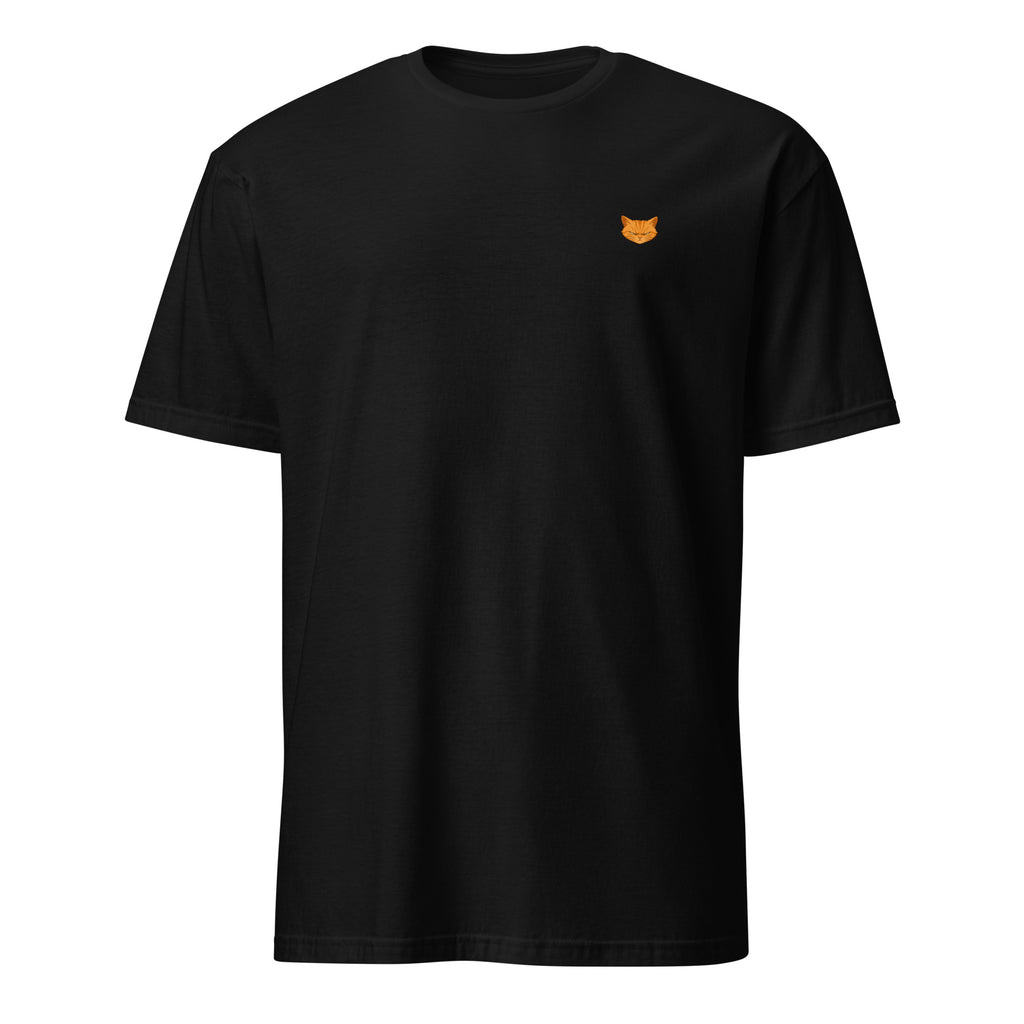 Person wearing a black t-shirt with an orange logo on a white background, funny cat shirt, cute cat shirt, cats, clothes