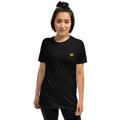 Person wearing a black t-shirt with an orange logo on a white background, funny cat shirt, cute cat shirt, cats, clothes