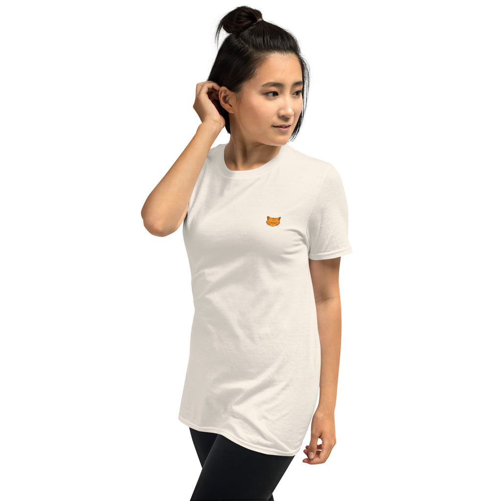 Person wearing a black t-shirt with an orange logo on a white background, funny cat shirt, cute cat shirt, cats, clothes