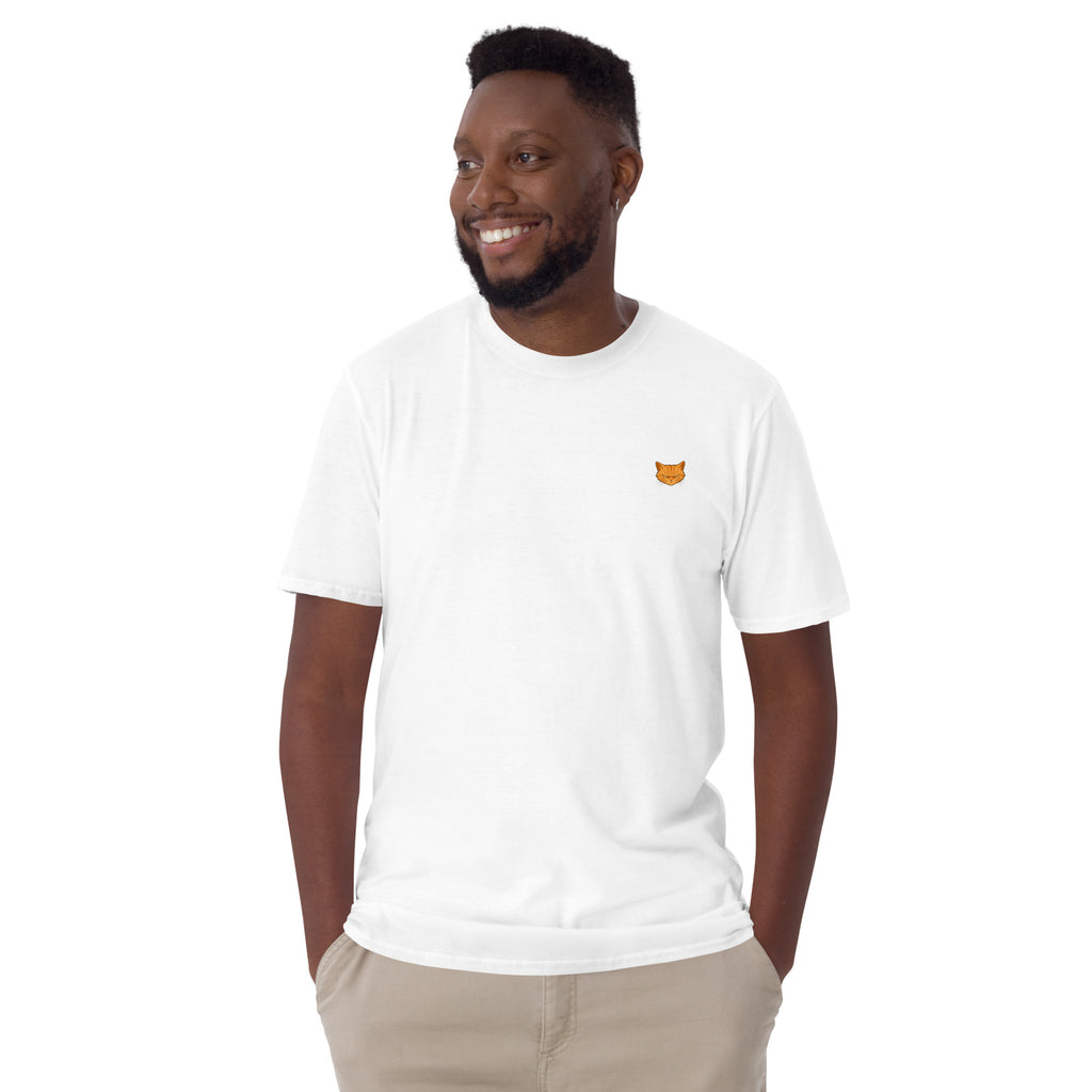 Person wearing a black t-shirt with an orange logo on a white background, funny cat shirt, cute cat shirt, cats, clothes
