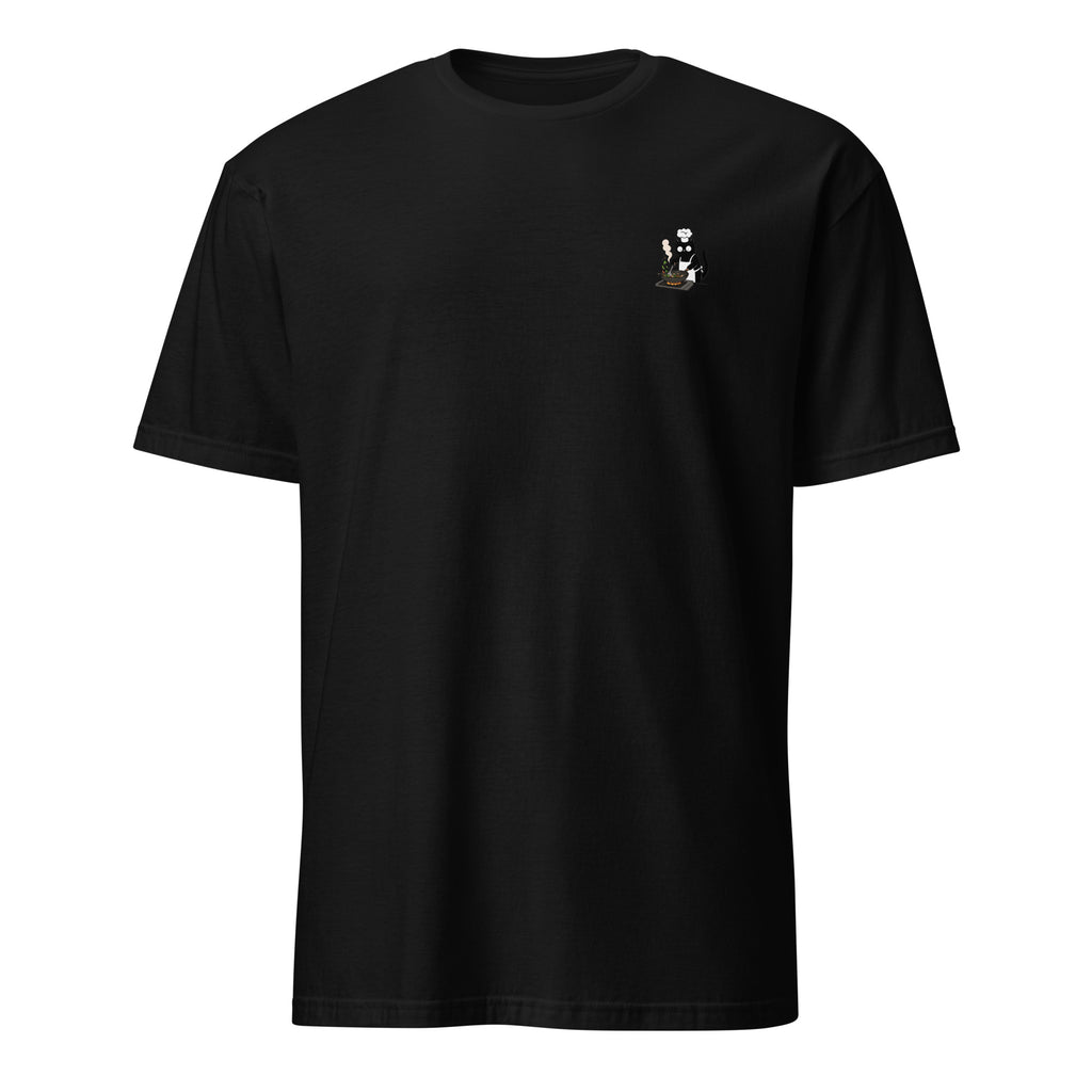 Black t-shirt with cat cooking with wok text on a white background, cat cooking, wok, cuisine