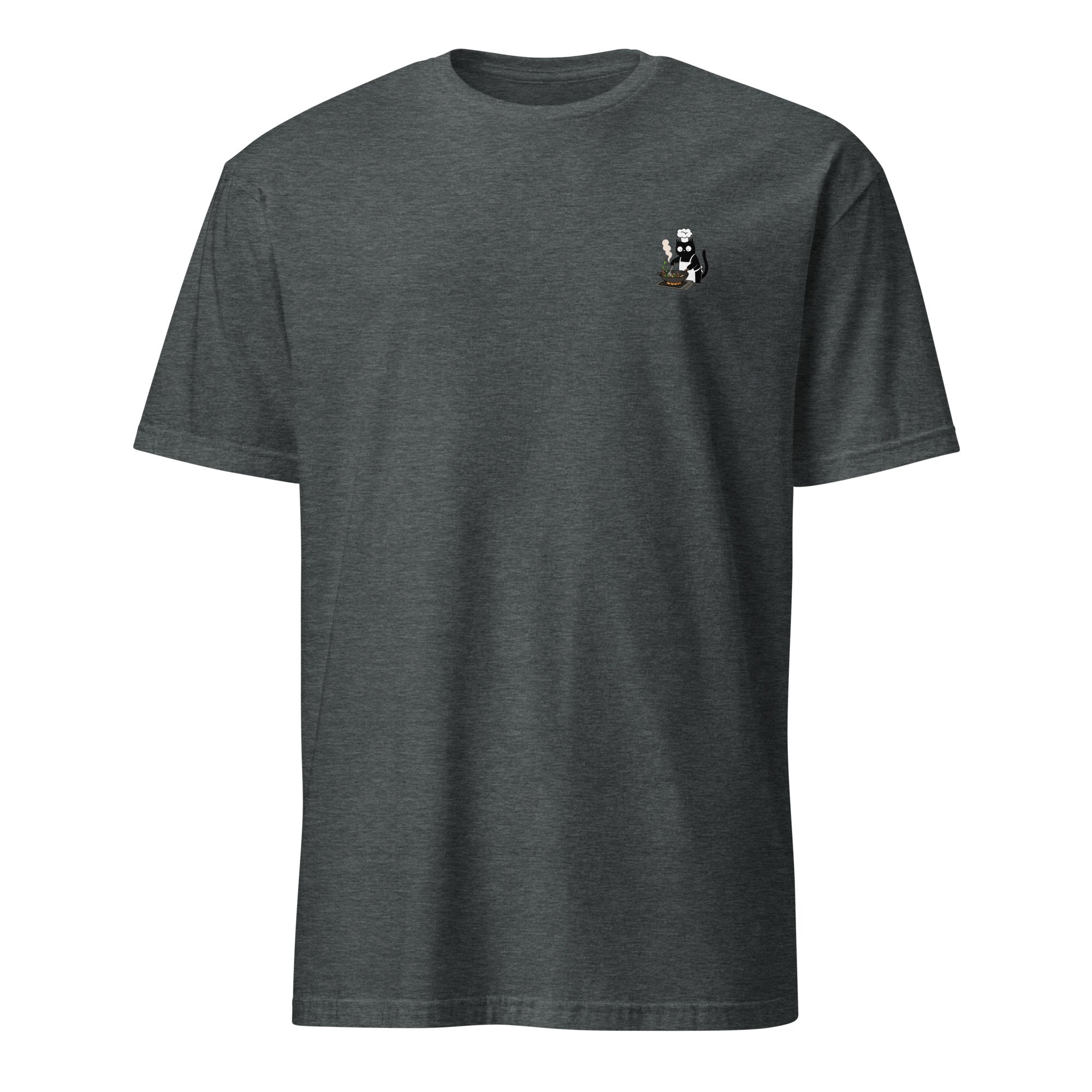 Dark gray t-shirt with a graphic of a referee and text on a white background, cat cooking, cuisine, wok