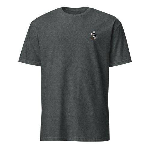Dark gray t-shirt with a graphic of a referee and text on a white background, cat cooking, cuisine, wok