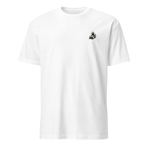White t-shirt with a small black logo on a white background, cats cooking, wok