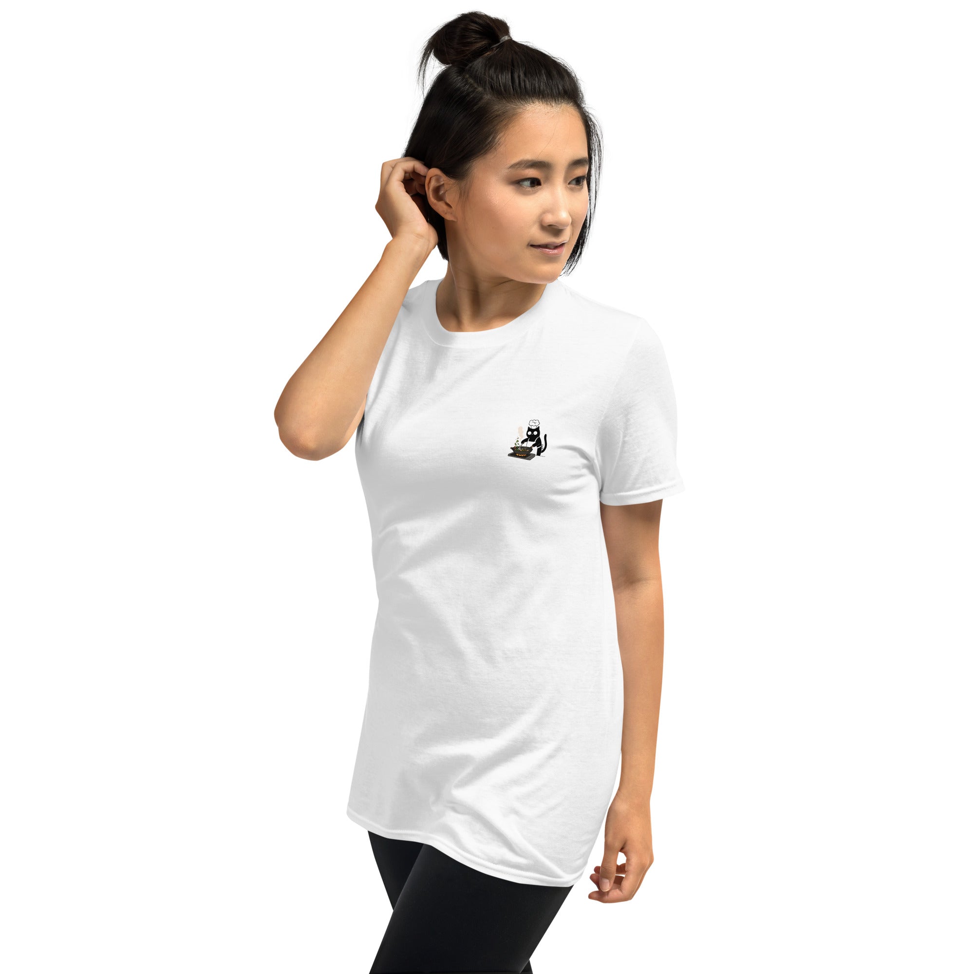 Woman wearing a white t-shirt with a black cat logo on a white background