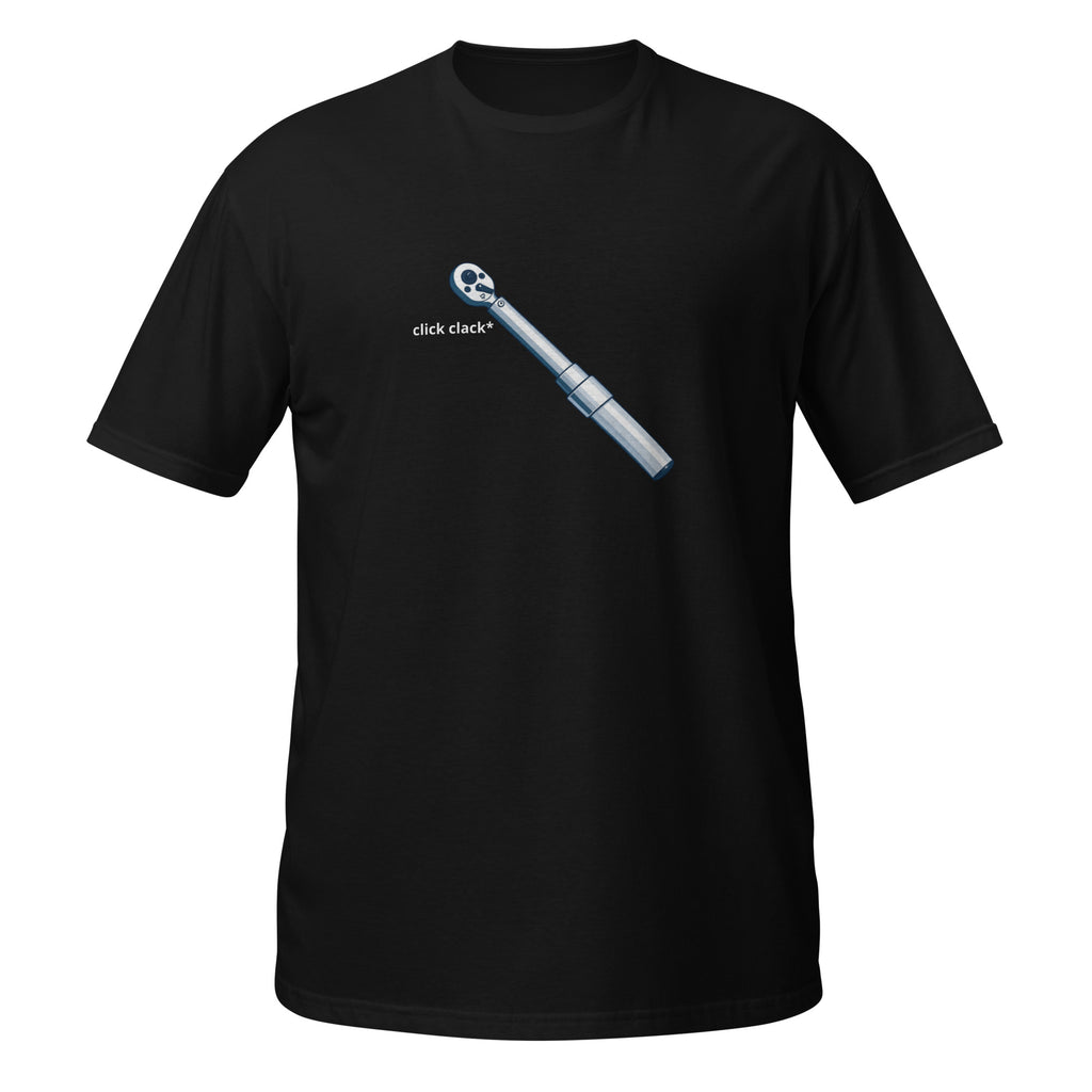 Black t-shirt with a logo and text on a white background, torque wrench, click