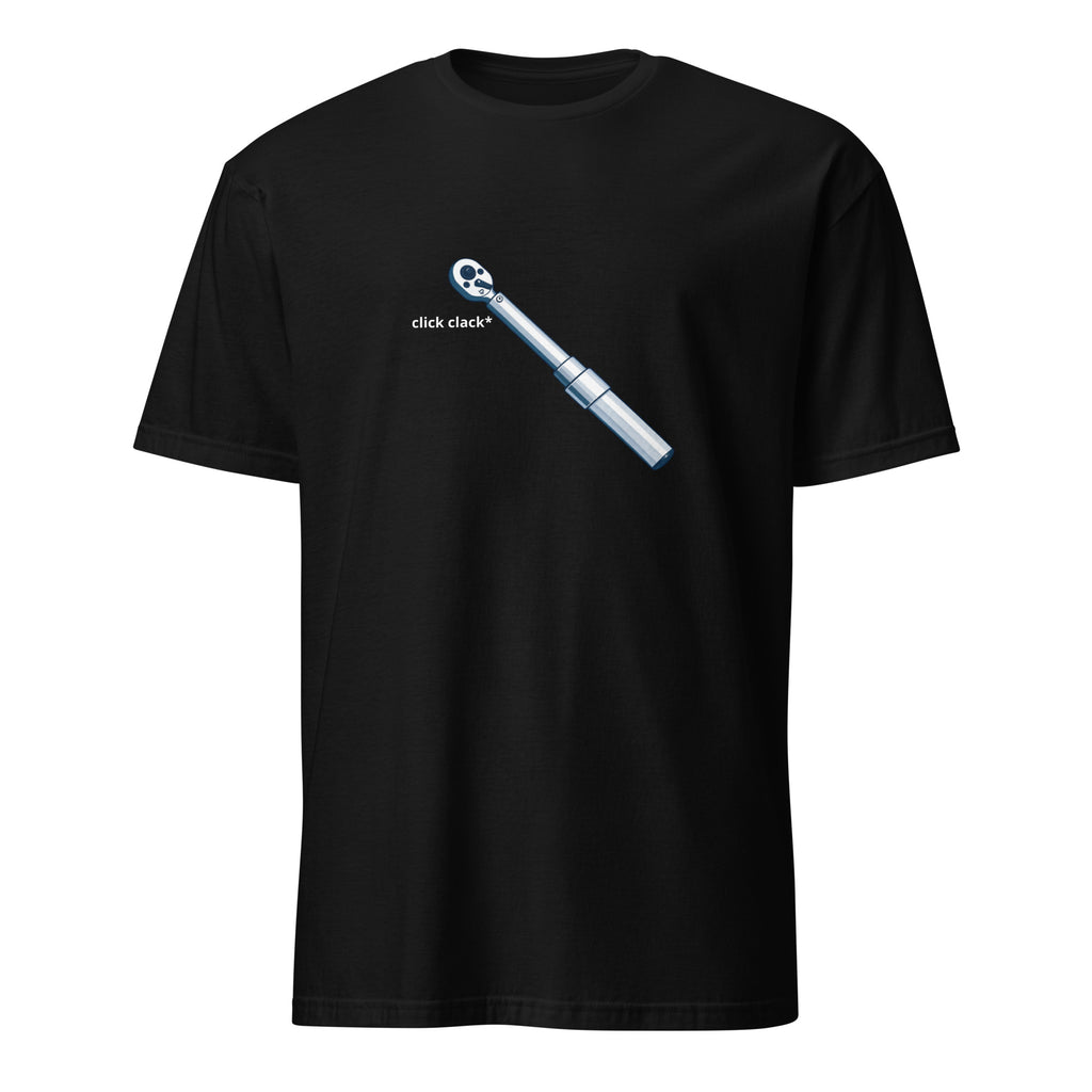 Black t-shirt with a logo and text on a white background, torque wrench, click