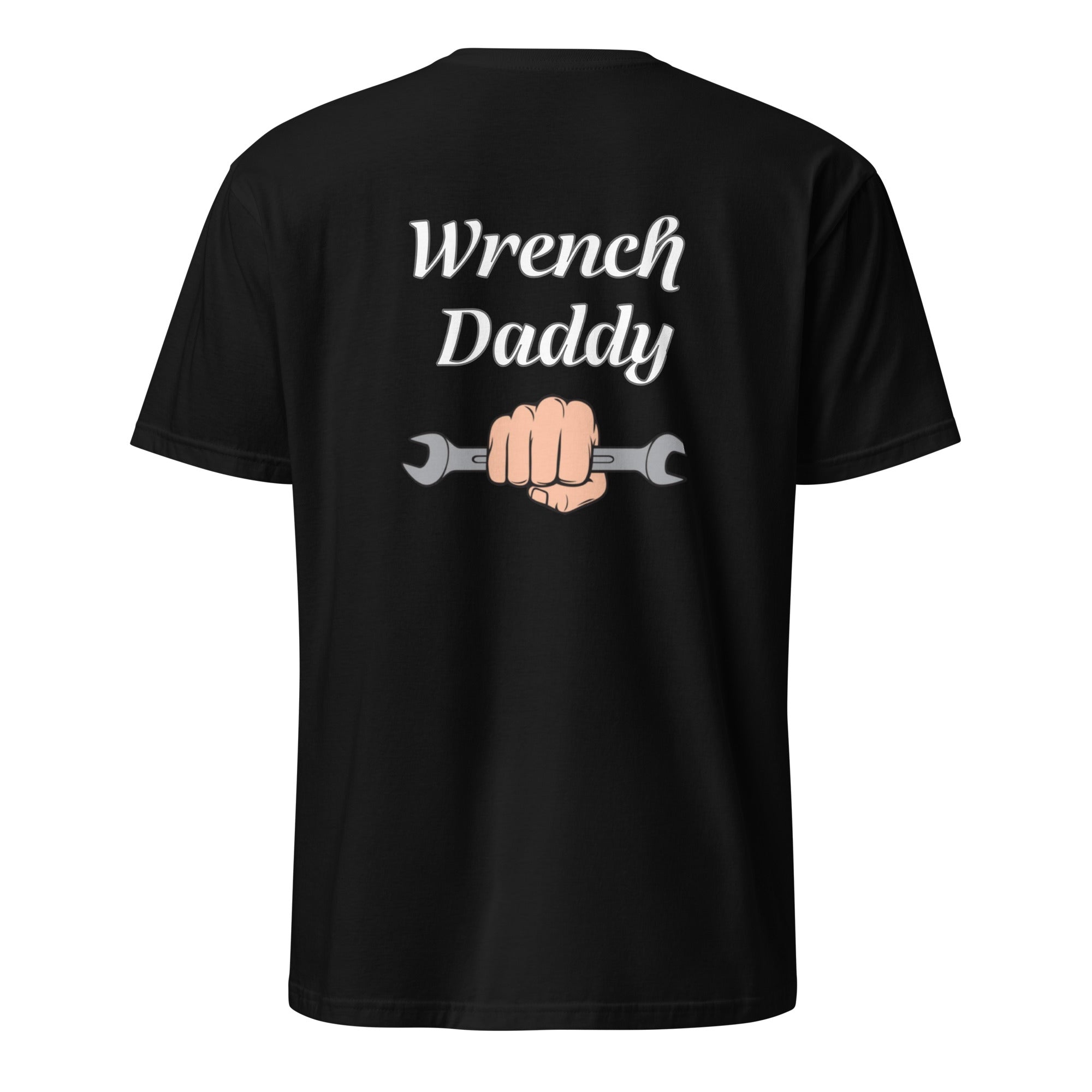 Black t-shirt with 'Wrench Daddy' text and graphic on a white background