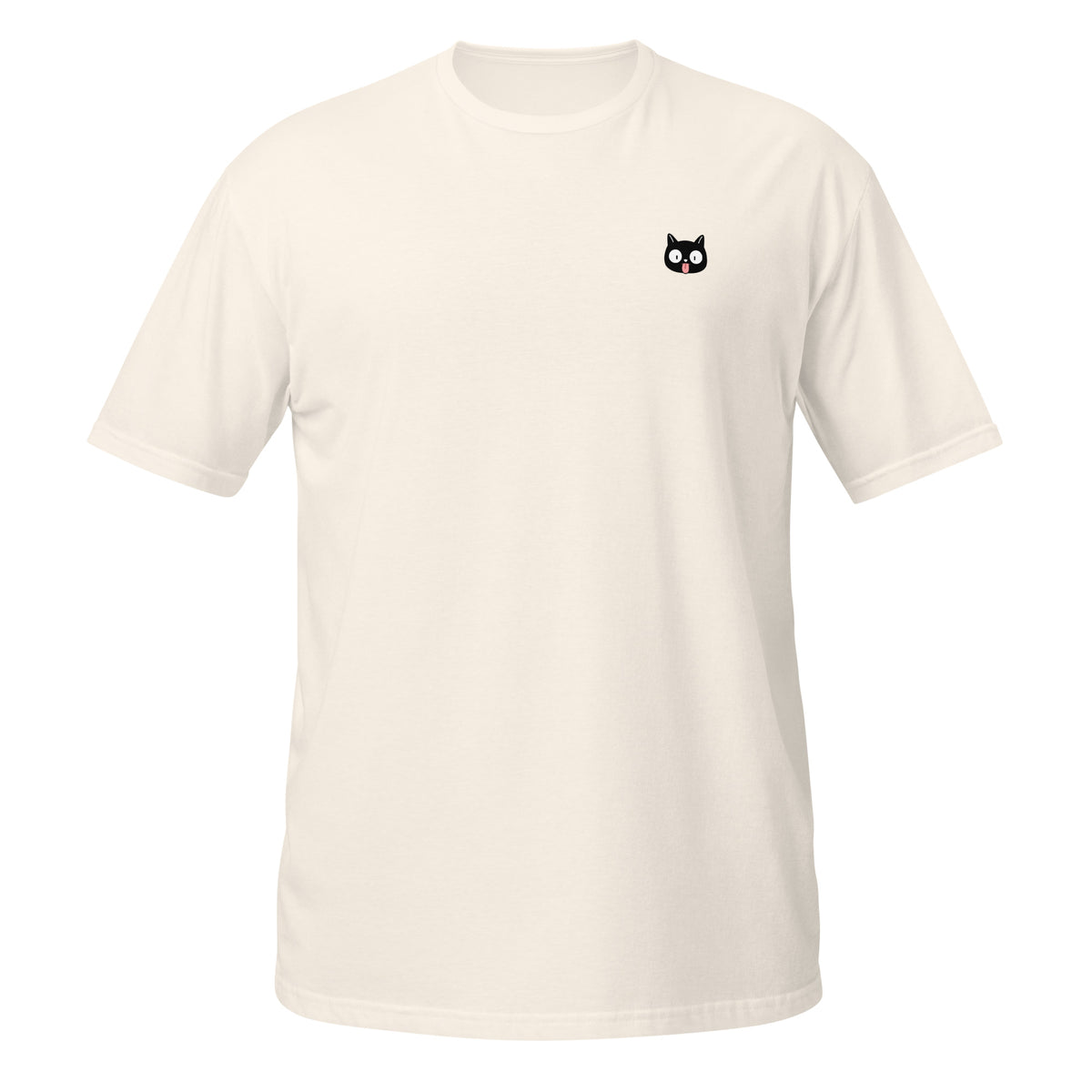 White t-shirt with black cat with its tongue out