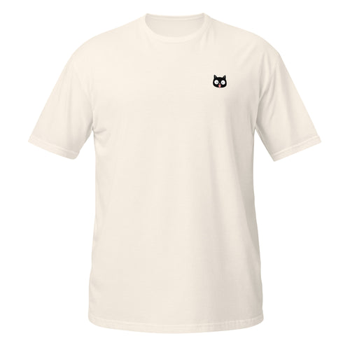 White t-shirt with black cat with its tongue out